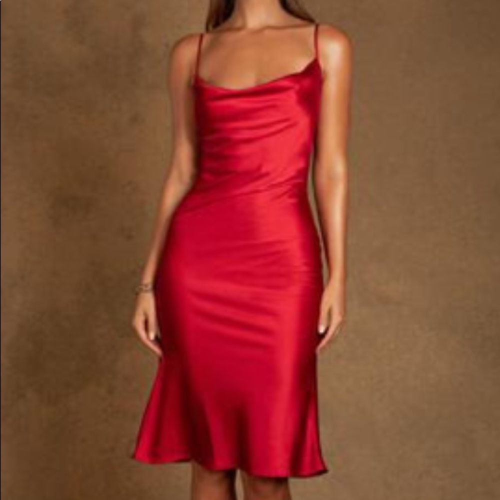 [SOLD] MESHKI Red Satin Midi Dress